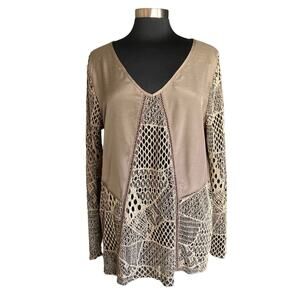 BKE Boutique Tan Satin Top Womens LARGE Mesh Sleeves & Bodice Inset Edgy Grunge